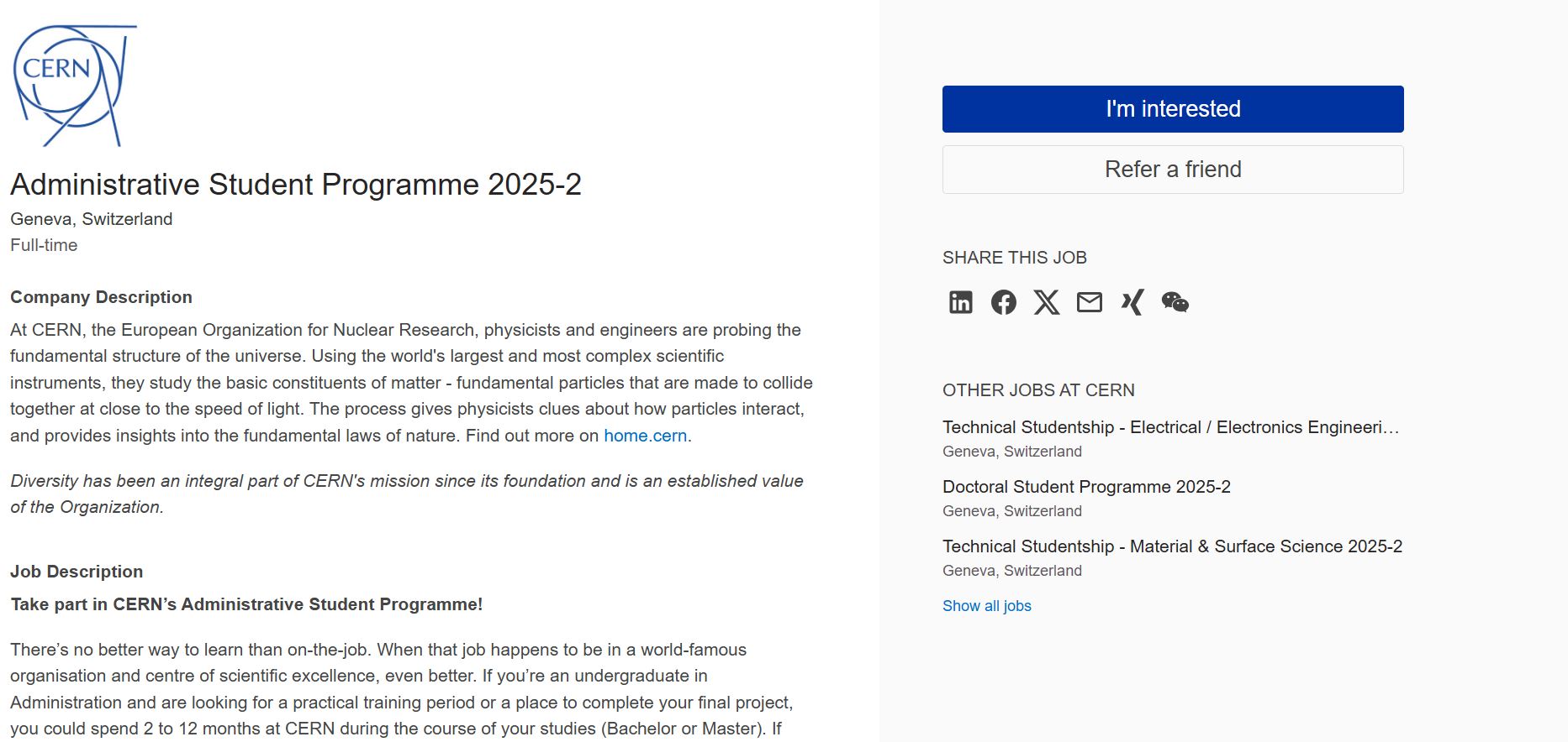 CERN Administrative Student Programme 2025 in Switzerland CERN Administrative Student Programme 2025 in Switzerland