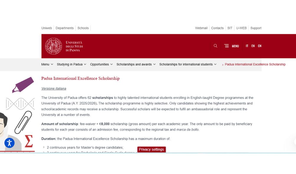 University of Padua Scholarships in Italy 2025-26