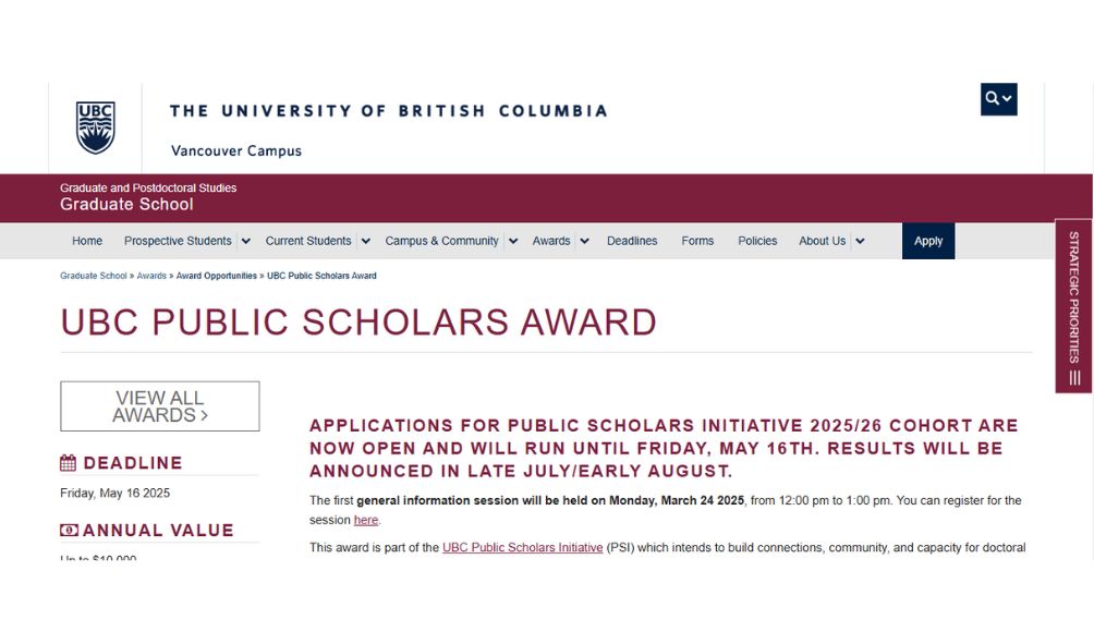UBC Public Scholars Award in Canada 2025
