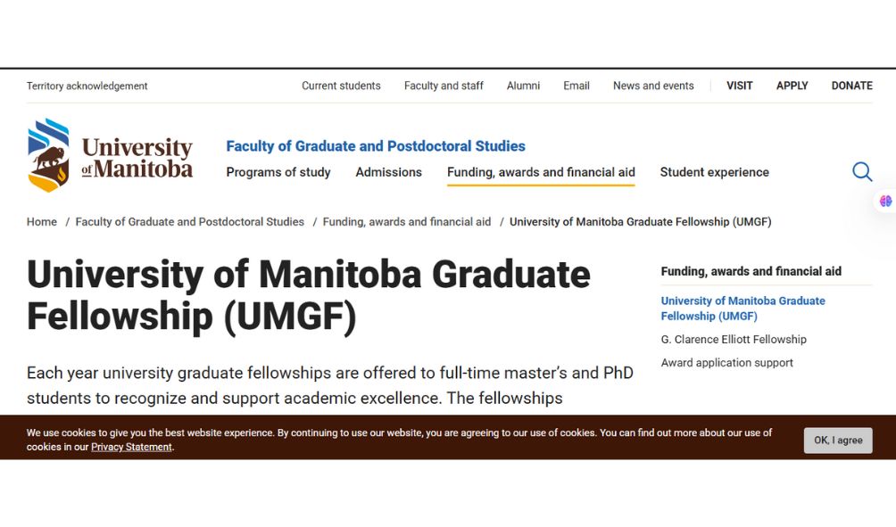University of Manitoba Graduate Fellowship 2025-2026 in Canada University of Manitoba Graduate Fellowship