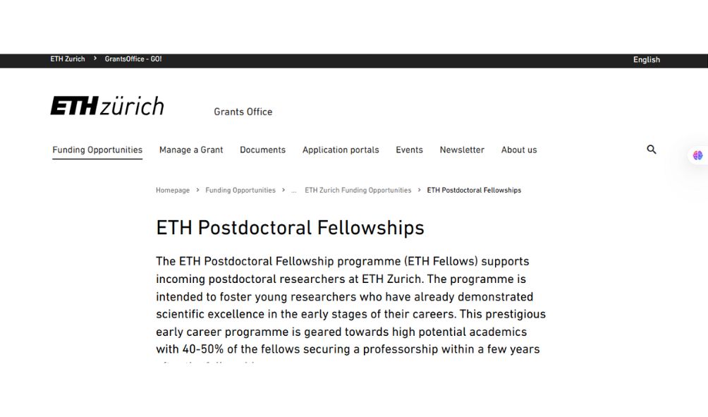 ETH Zurich Postdoctoral Fellowships 2026 in Switzerland (Fully Funded) ETH Zurich Postdoctoral Fellowships