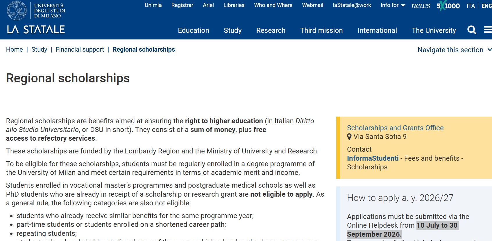 University of Milan DSU Scholarship 2026-2027 in Italy University of Milan DSU Scholarship 2026