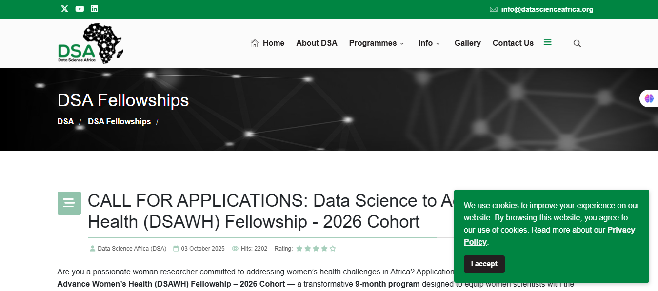Data Science to Advance Women’s Health (DSAWH) Fellowship 2026 for Eastern and Southern Africa Women Scholars (DSAWH) Fellowship 2026