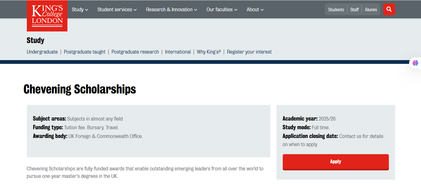 King’s College London Chevening Scholarship 2026 in the UK (Fully Funded) King’s College London Chevening Scholarship