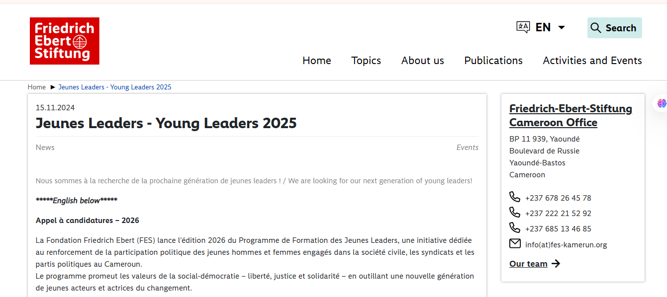 The Friedrich-Ebert-Stiftung Young Leaders Program 2026 for Young Cameroonians Friedrich-Ebert-Stiftung Young Leaders Program