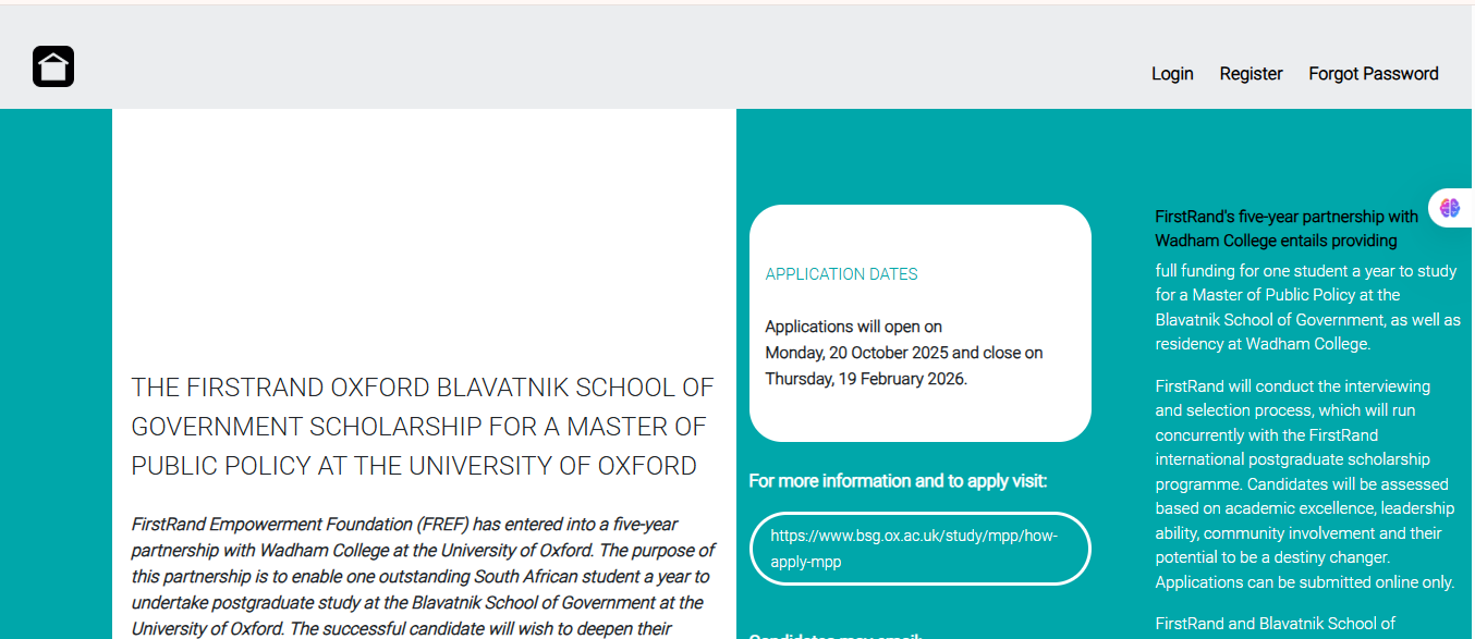 The FirstRand Oxford Blavatnik School of Government Scholarship 2026 The FirstRand Oxford Blavatnik School of Government Scholarship