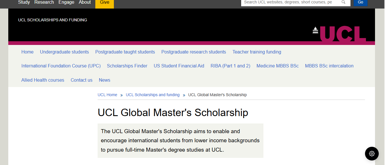 UCL Global Masters Scholarship in the UK 2026 (Study in the UK) UCL Global Masters Scholarship