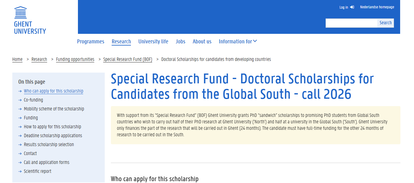 Ghent University Doctoral Scholarships 2026 for Candidates from Developing Countries to Study in Belgium (Funded) Ghent University Doctoral Scholarships