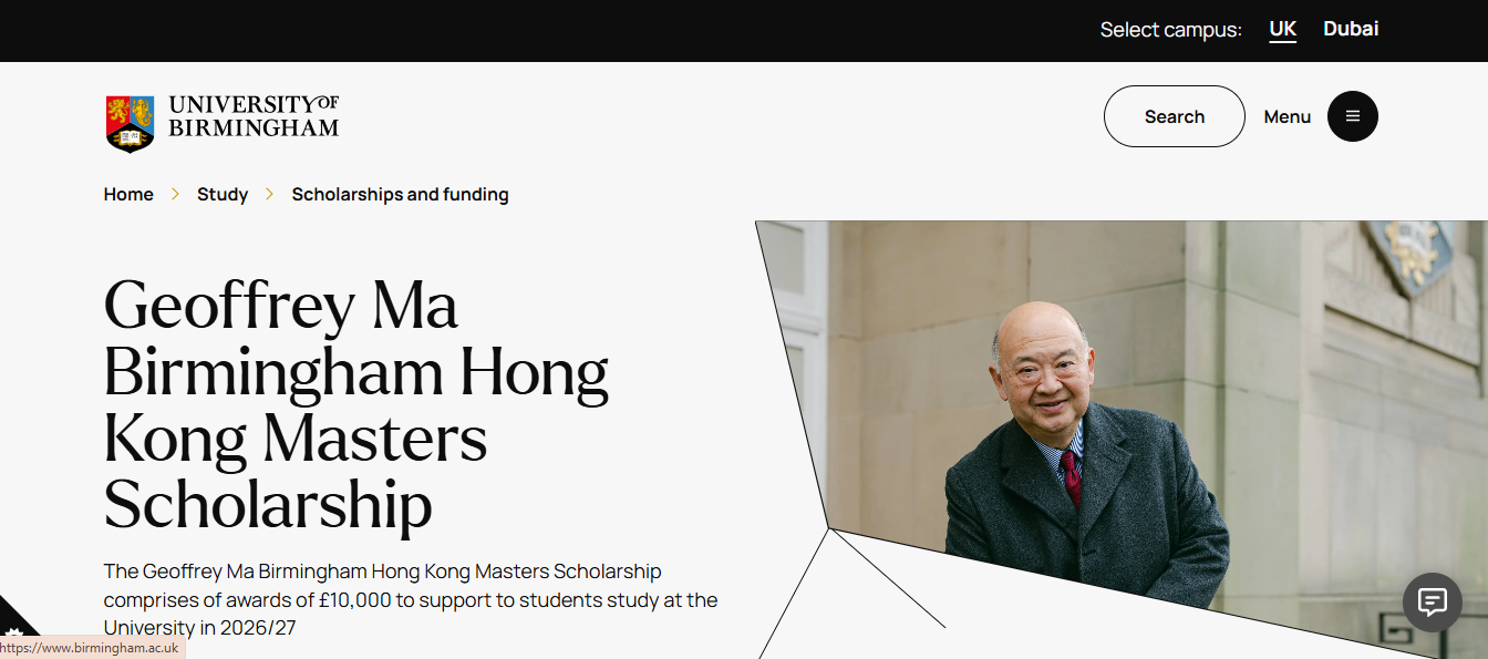 Geoffrey Ma Birmingham Hong Kong Masters Scholarship