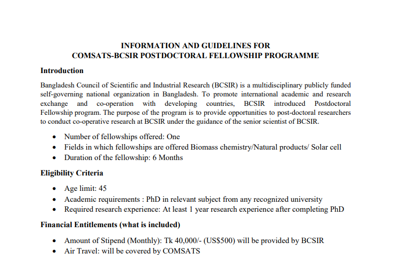COMSATS-BCSIR Postdoctoral Fellowship Programme 2026 in Bangladesh COMSATS-BCSIR Postdoctoral Fellowship