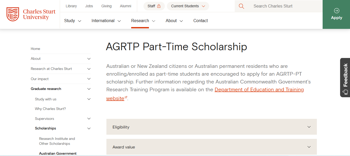 AGRTP Part-Time Scholarship 2027 in Australia AGRTP Part-Time Scholarship 2027