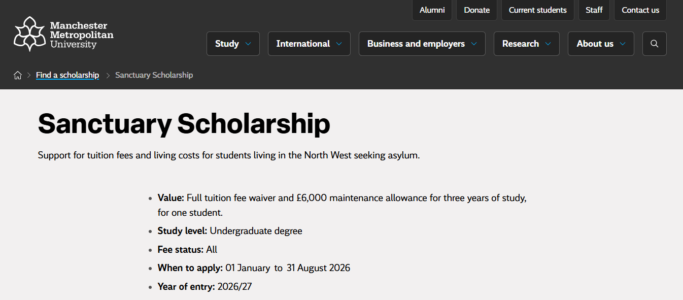 Manchester Metropolitan University Sanctuary Scholarship 2026 in the UK Manchester Metropolitan University Sanctuary Scholarship