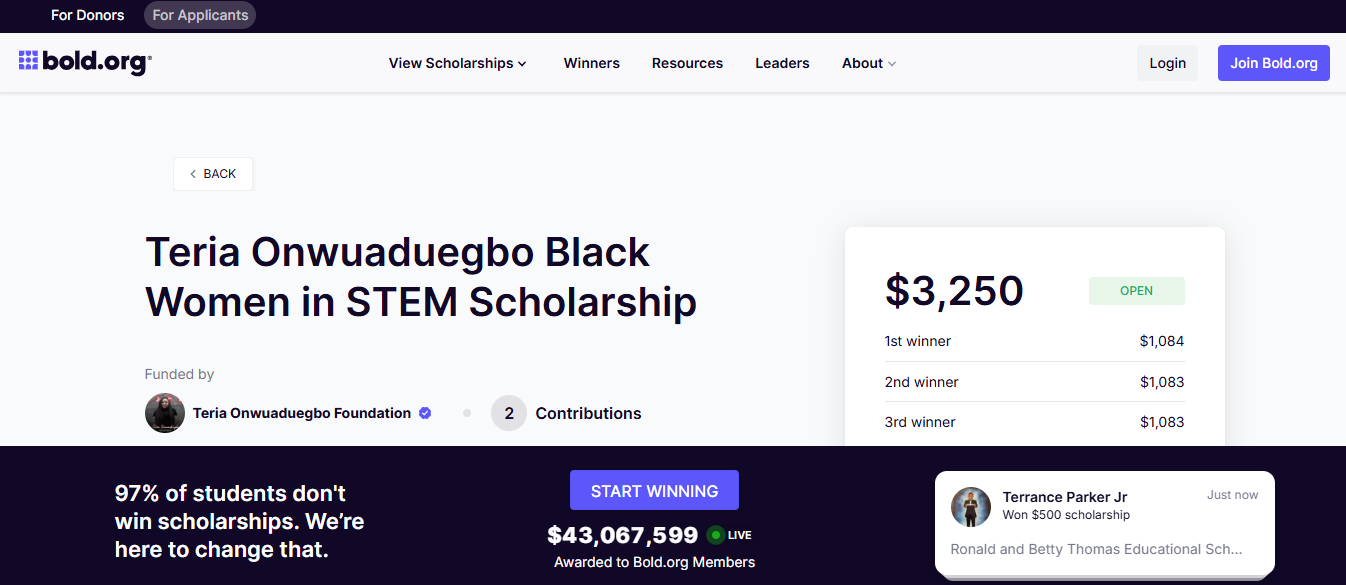 Teria Onwuaduegbo Black Women in STEM Scholarship