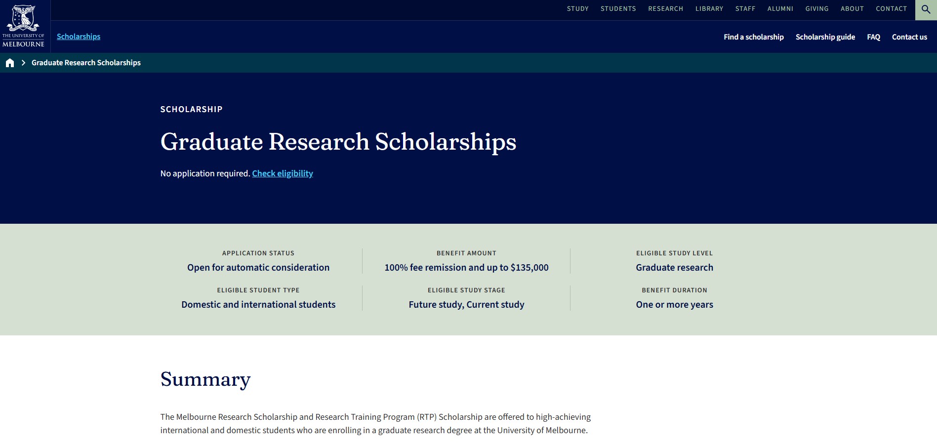 University of Melbourne Graduate Research Scholarships 2027 