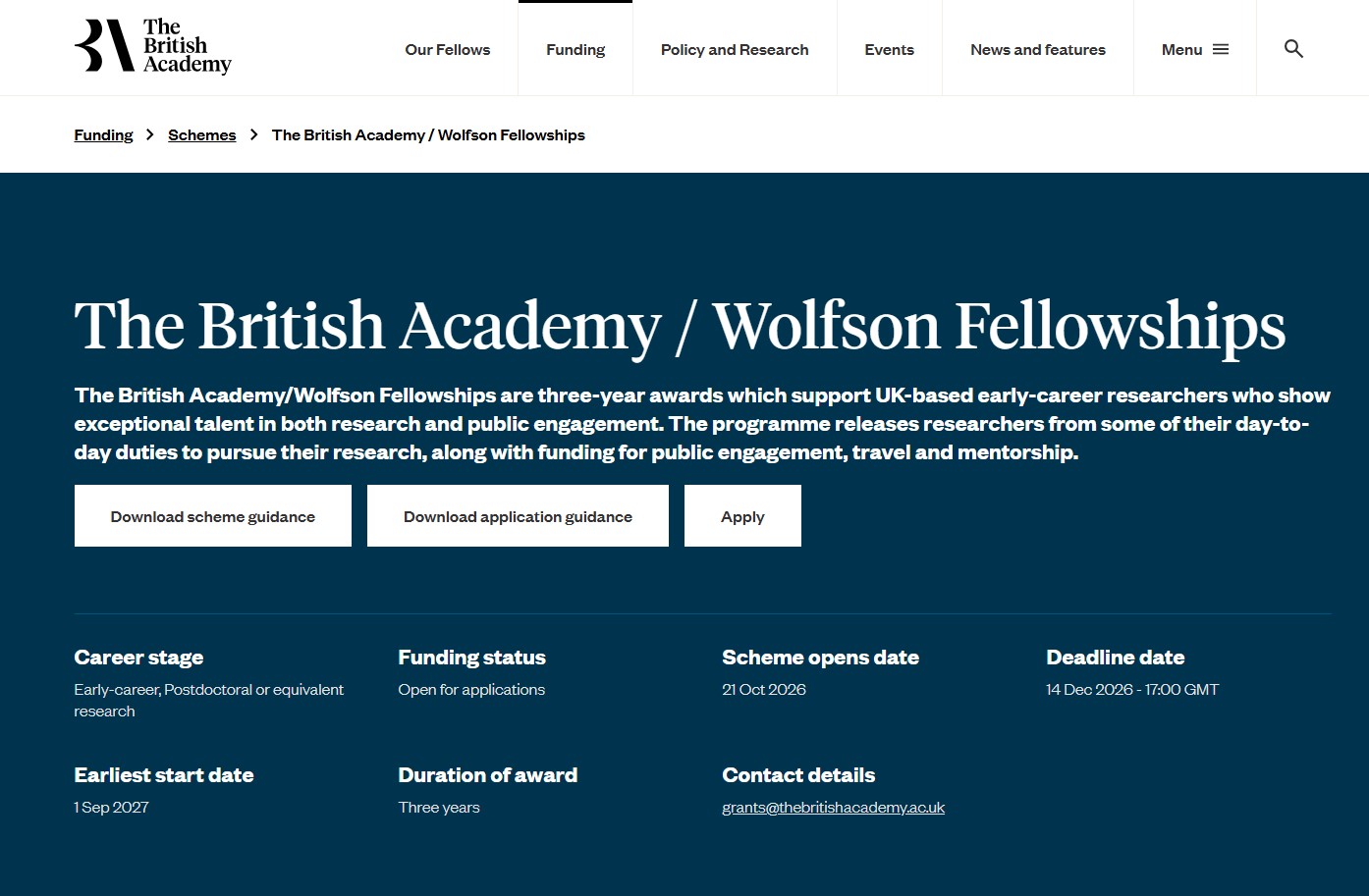 British Academy/Wolfson Fellowships 2027-2030