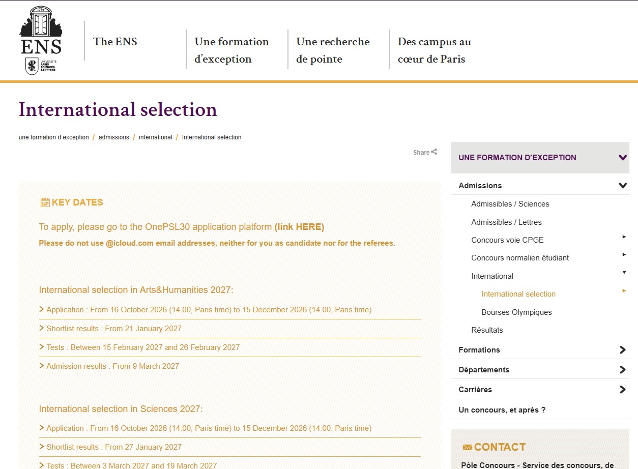 École Normale Supérieure (ENS) International Selection Scholarships 2027