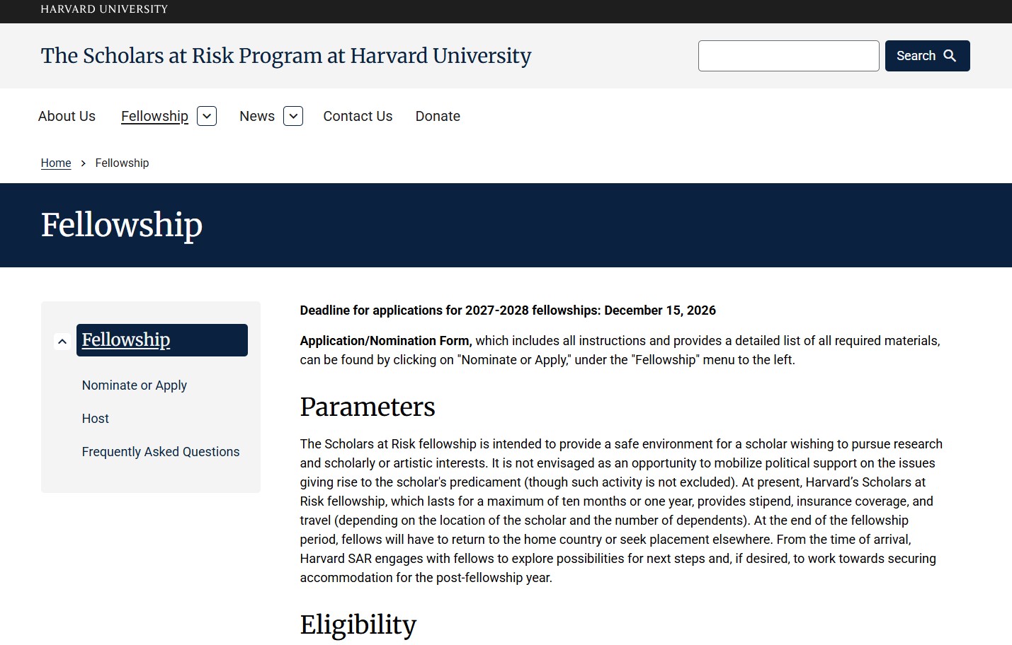 Harvard Scholars at Risk Fellowship 2027-2028