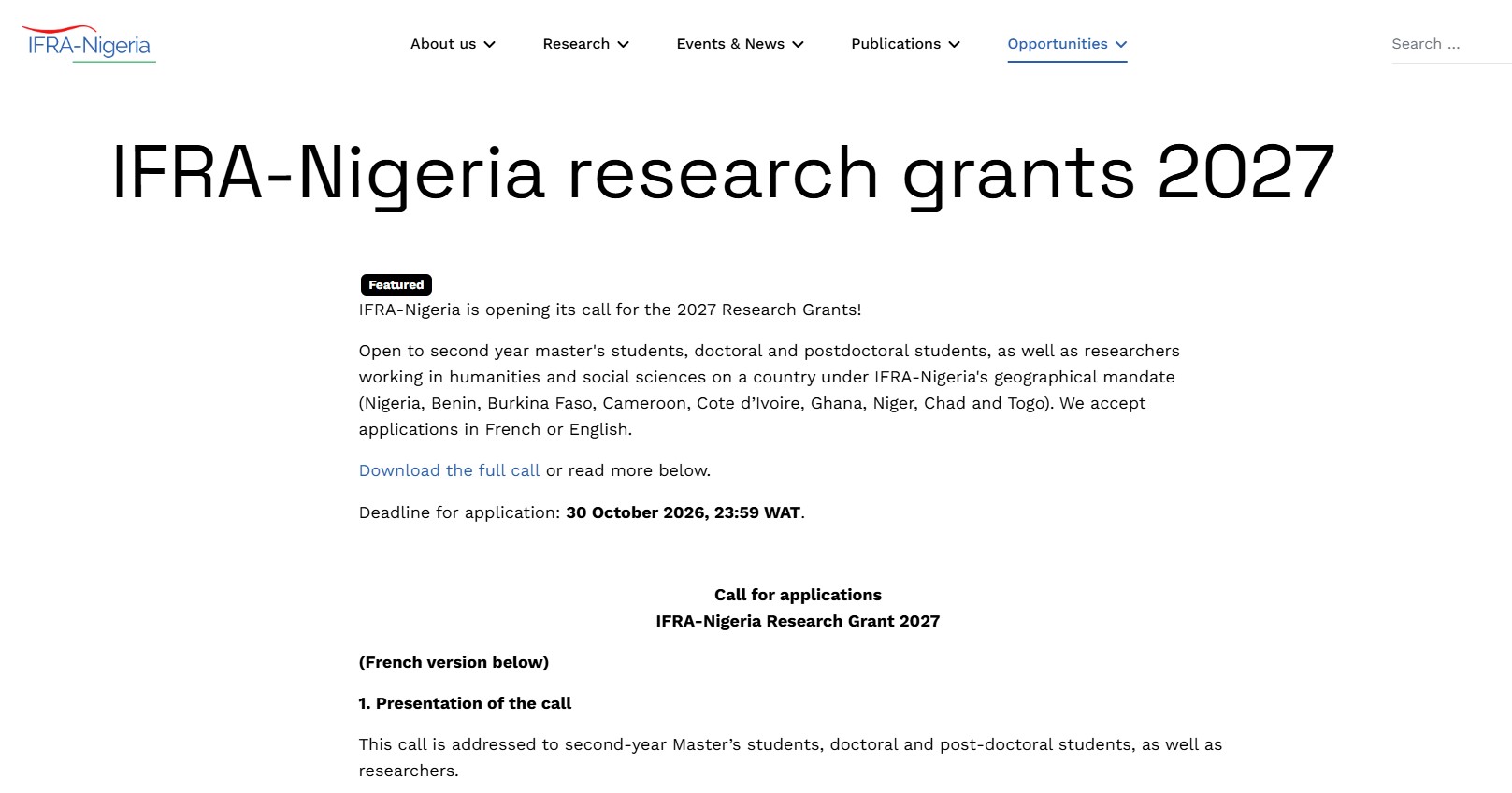 IFRA-Nigeria Research Grants 2027