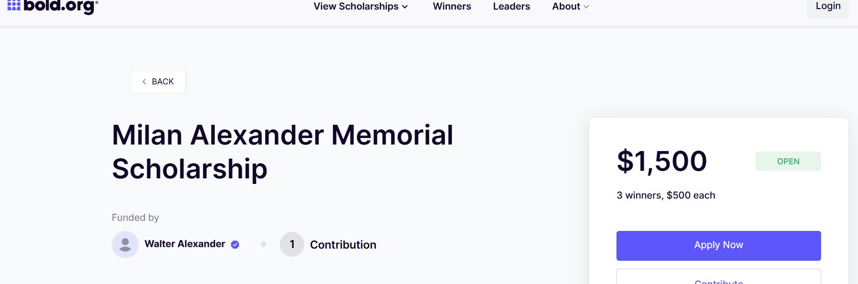 Milan Alexander Memorial Scholarship 2026
