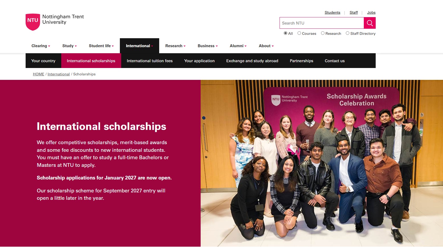 NTU International Scholarships January 2027