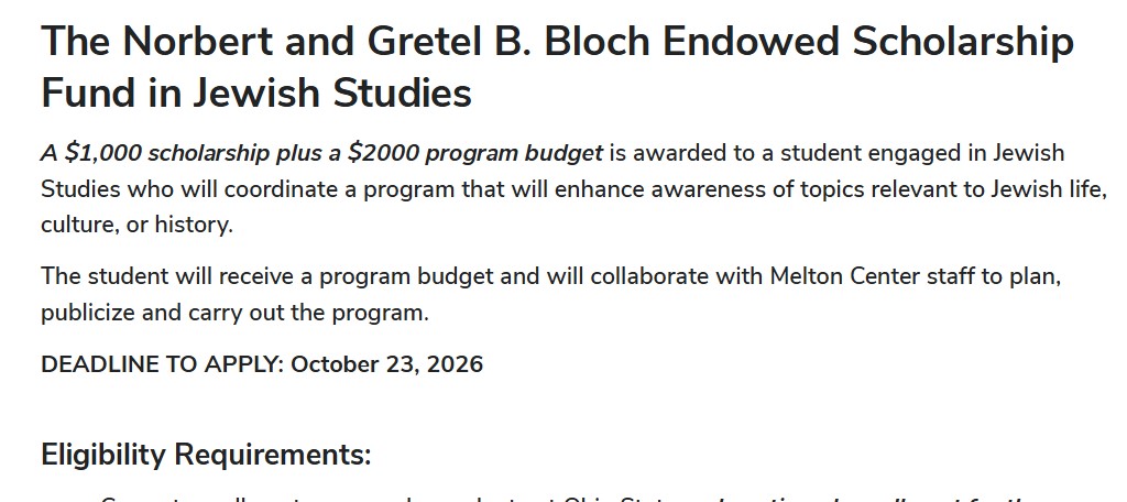 Norbert and Gretel B. Bloch Endowed Scholarship 2026: $1,000 Award at Ohio State Norbert and Gretel B. Bloch Endowed Scholarship 2026