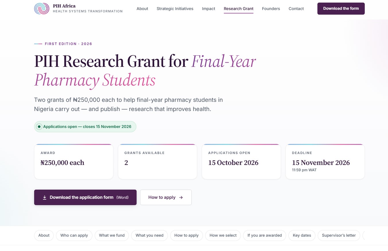 PIH Research Grant for Final-Year Pharmacy Students 2026