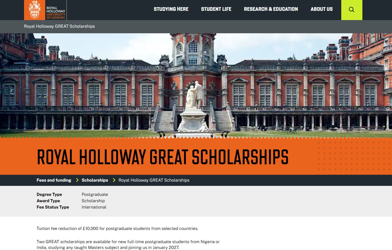 Royal Holloway GREAT Scholarship 2027