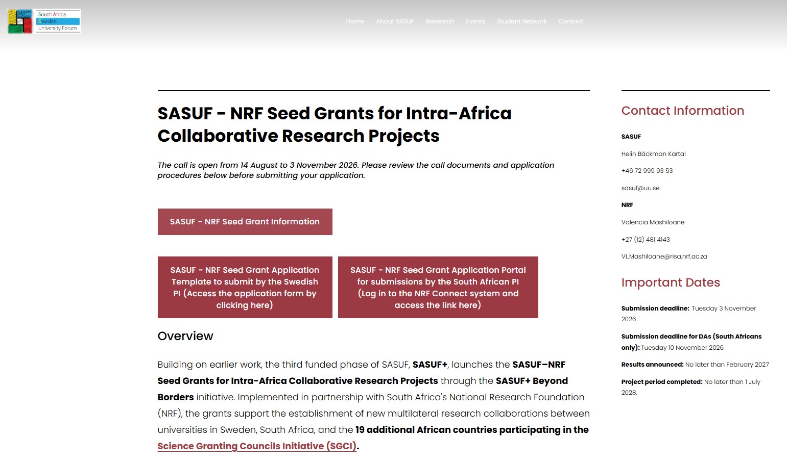 SASUF-NRF Seed Grants 2026 for African Research Institutions