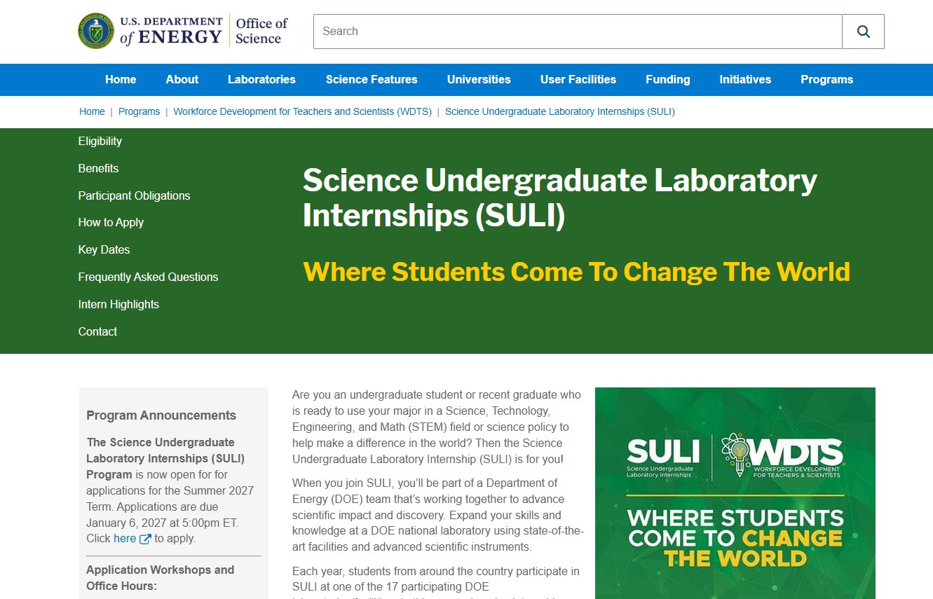 Science Undergraduate Laboratory Internships (SULI) Summer 2027