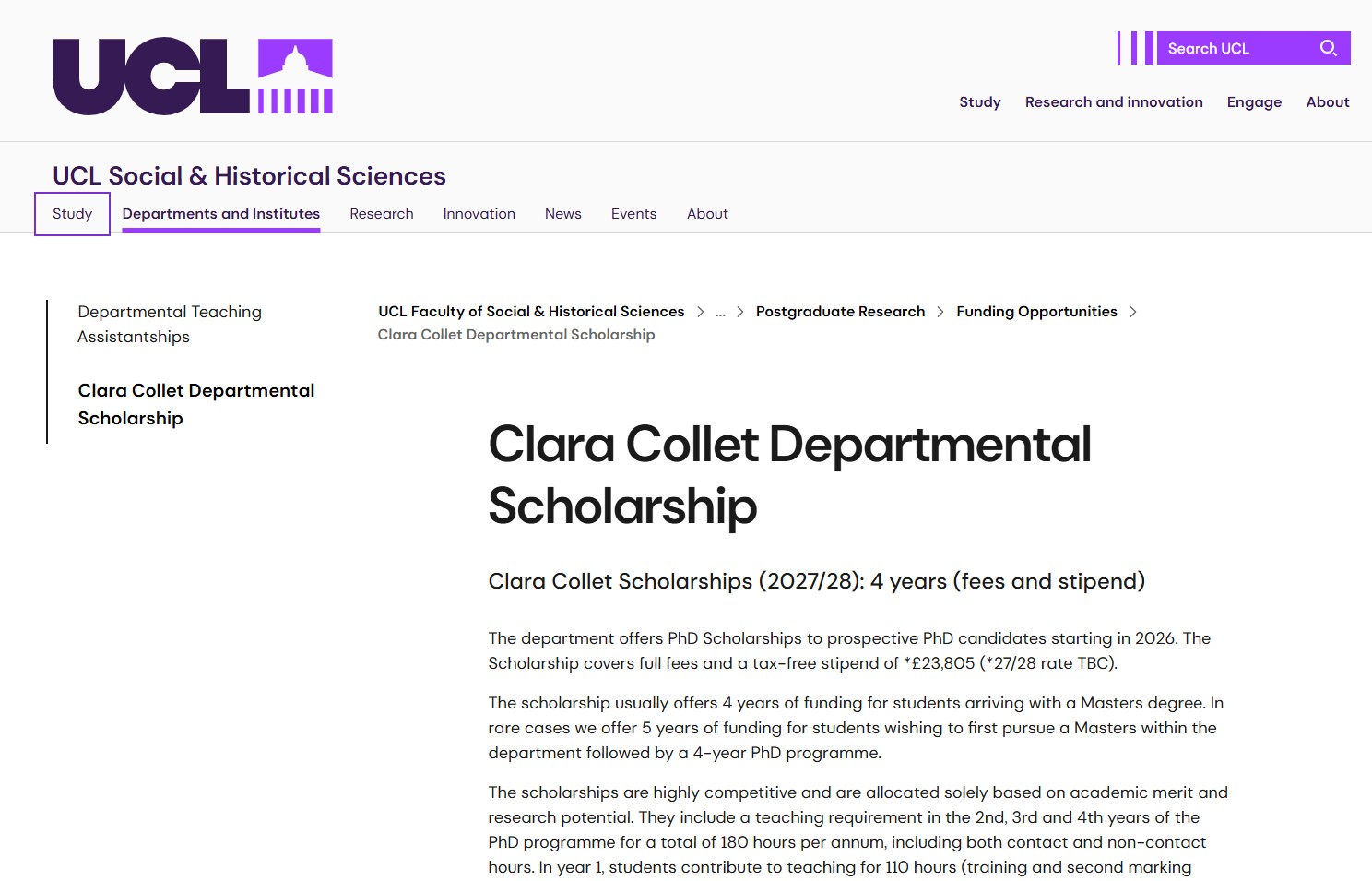 UCL Clara Collet PhD Scholarship 2027/28 in the UK 
