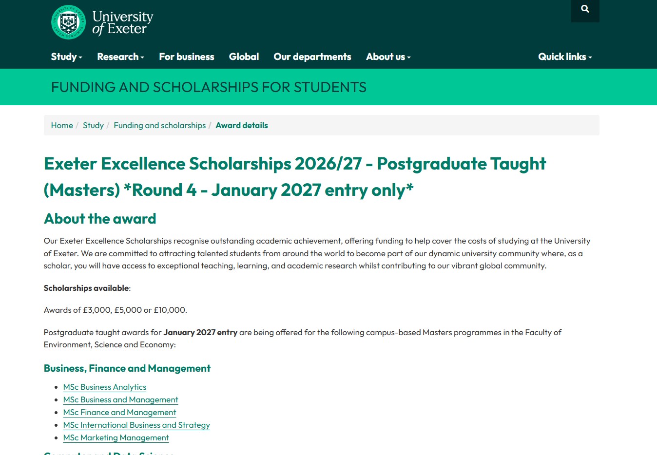 University of Exeter Excellence Scholarship 2026-2027
