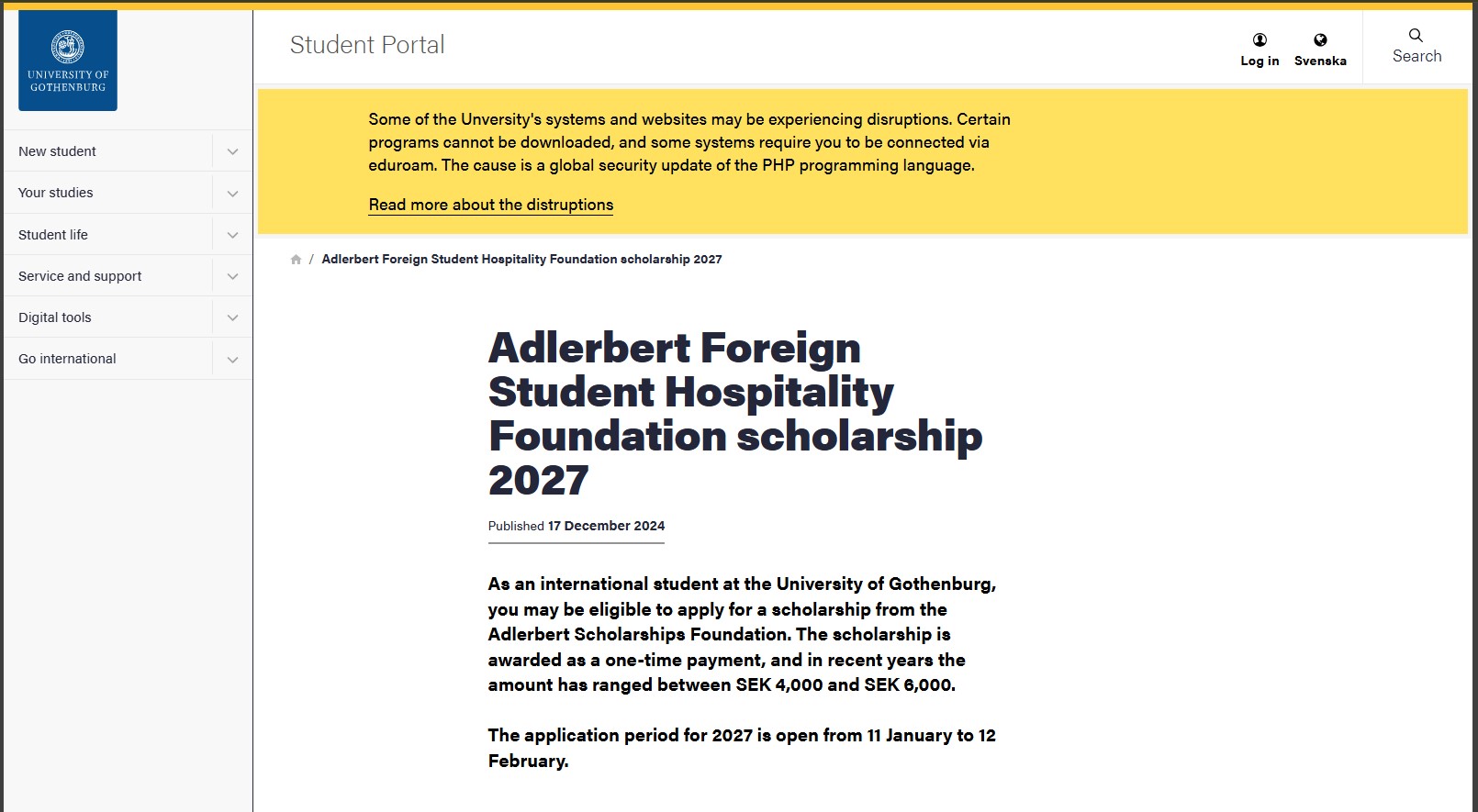 University of Gothenburg Adlerbert Foreign Student Hospitality Foundation Scholarship 2027