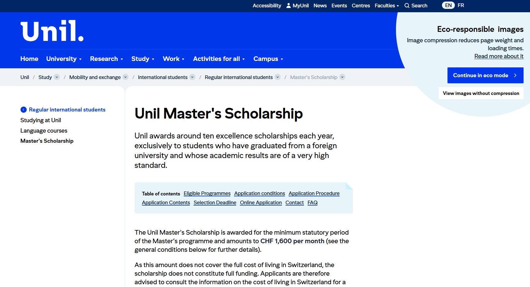 University of Lausanne Master’s Scholarship 2027/2028