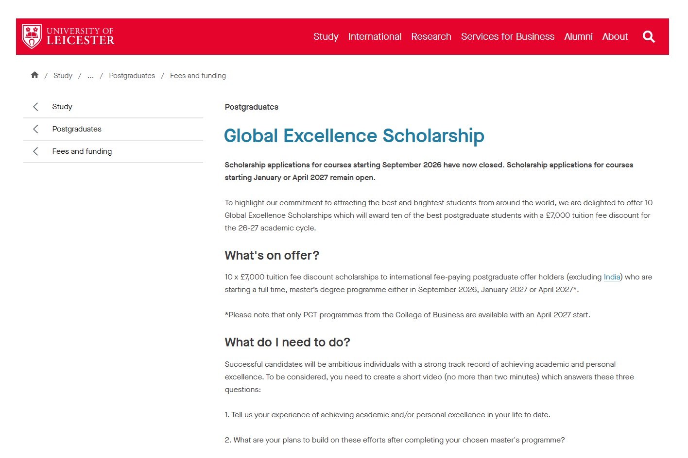 University of Leicester Global Excellence Scholarship 2026-2027