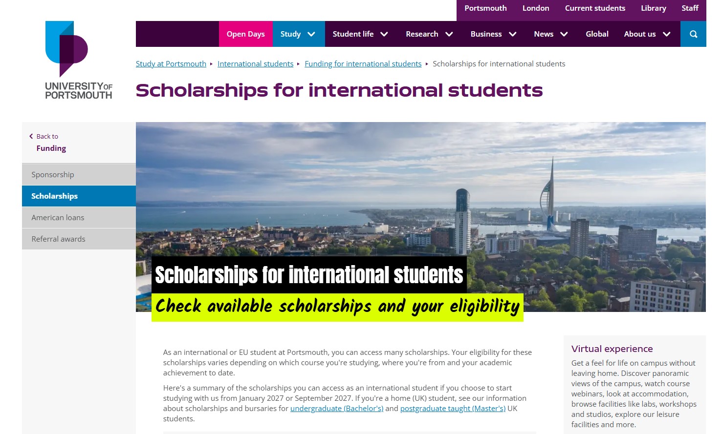 University of Portsmouth Chancellor’s Global Academic Merit Scholarship 2027