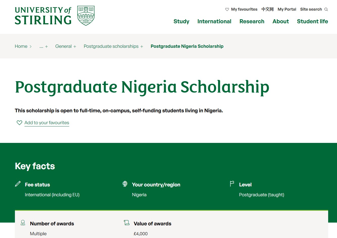 University of Stirling Postgraduate Nigeria Scholarship 2027