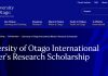 University of Otago International Master's Research Scholarship