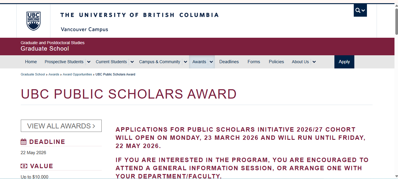 UBC Public Scholars Award