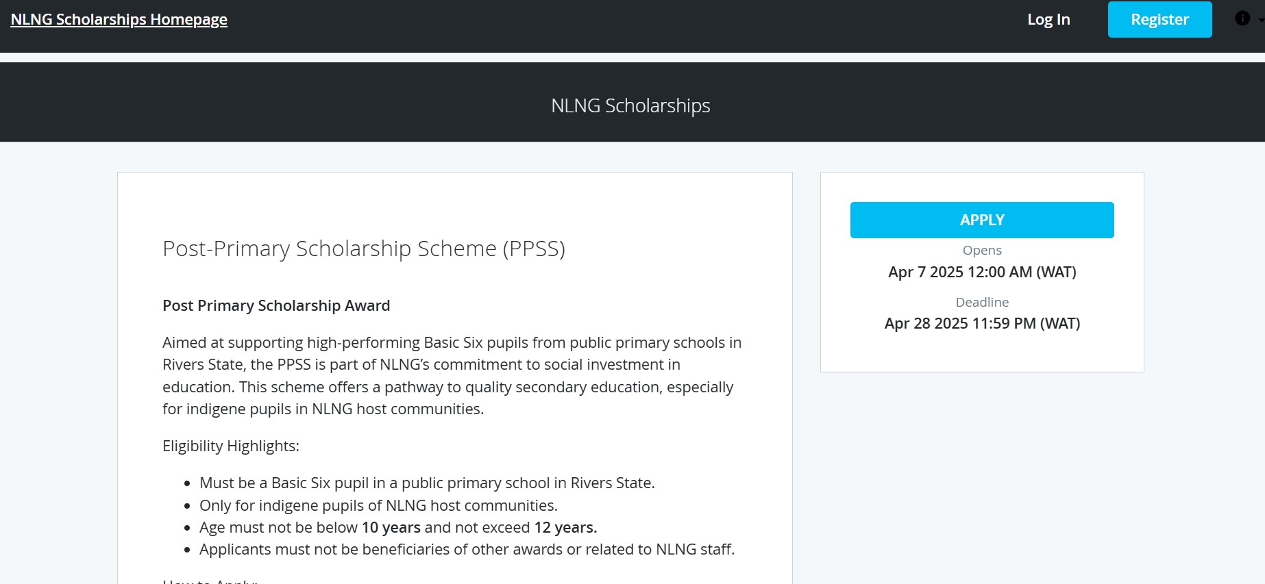 NLNG Post Primary Scholarship 2025