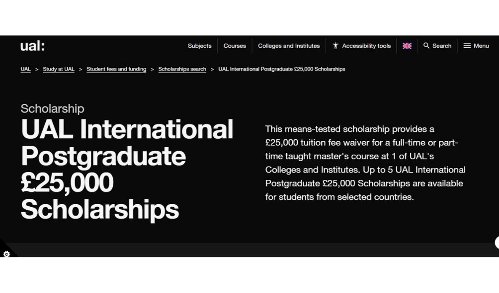 UAL International Postgraduate Scholarships 2025