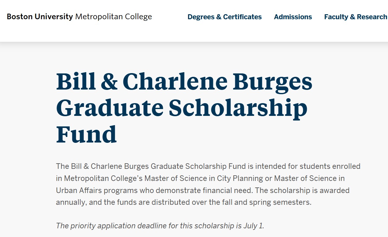 Boston University Bill & Charlene Burges Graduate Scholarship Fund 2025