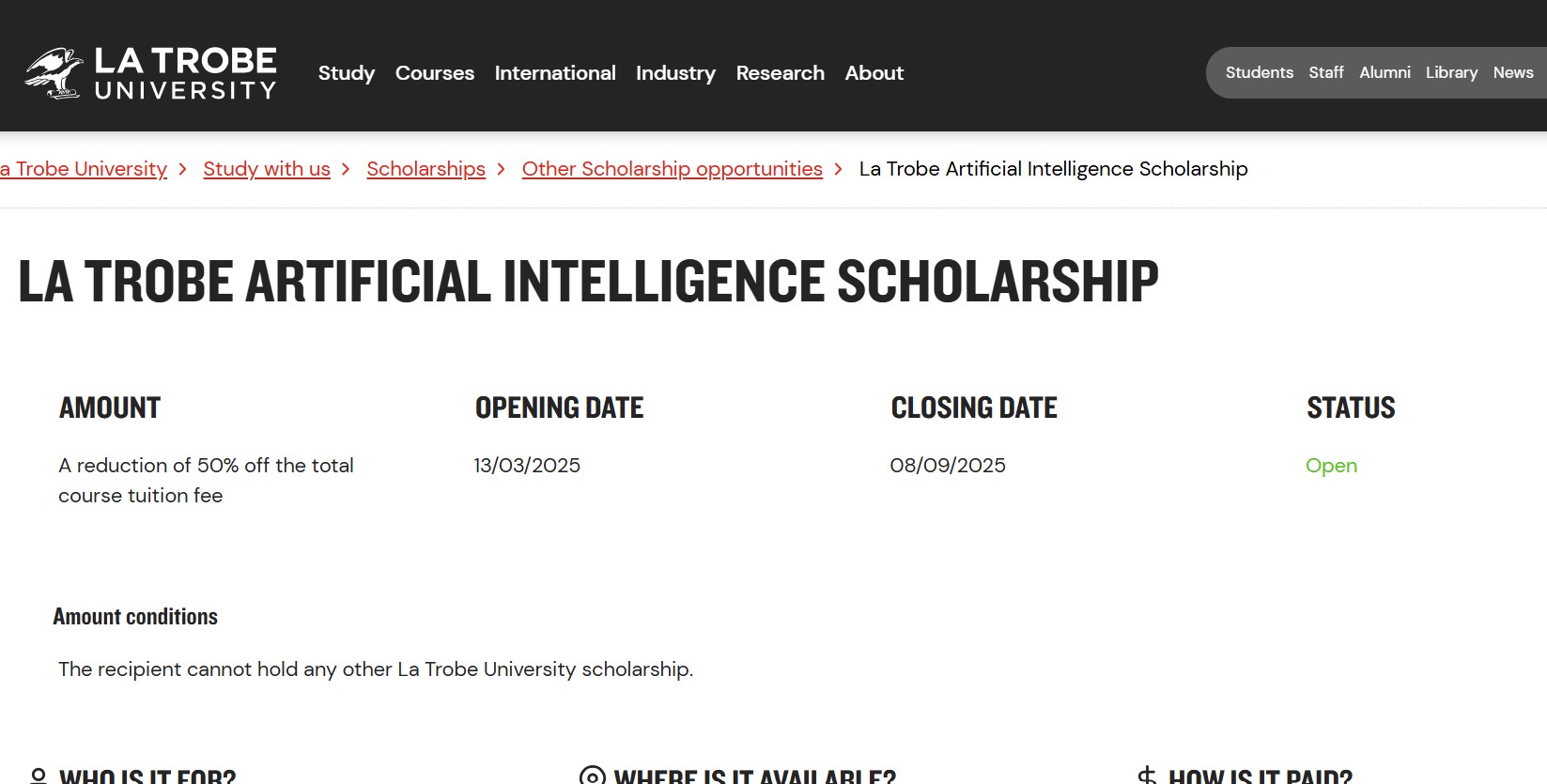 La Trobe Artificial Intelligence Scholarship 2025