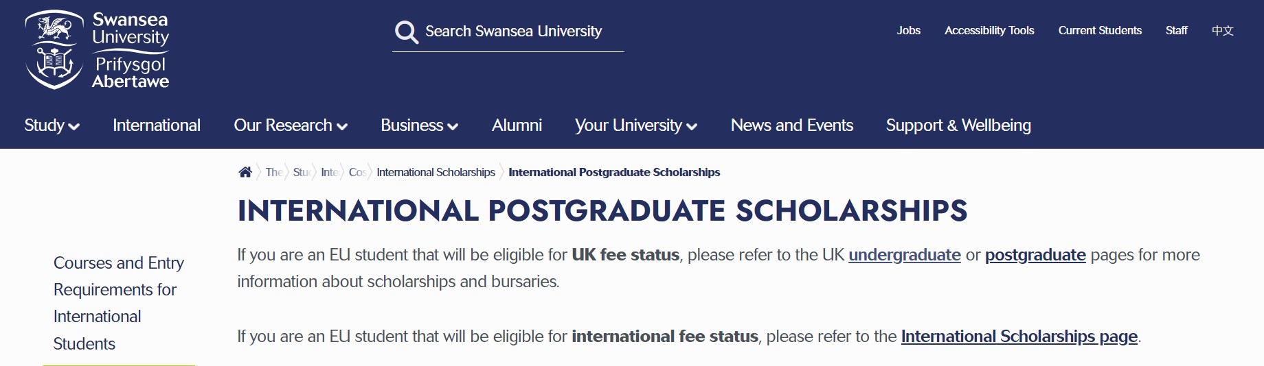 Swansea University 2025 Postgraduate International Excellence Scholarships