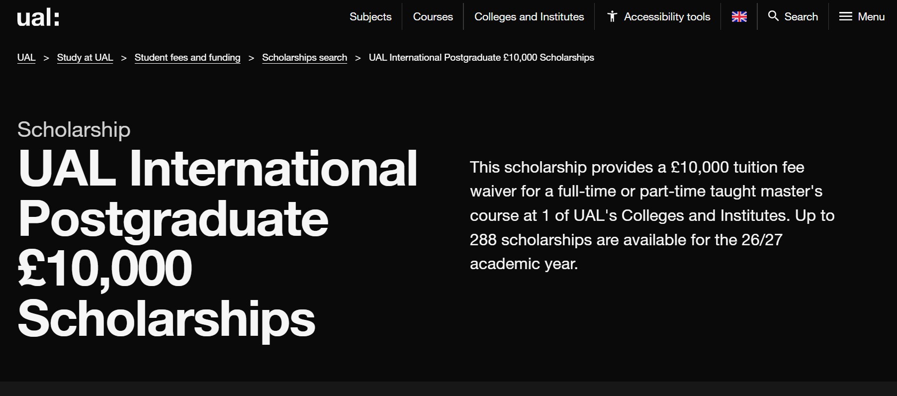 UAL International Postgraduate Scholarships 2026