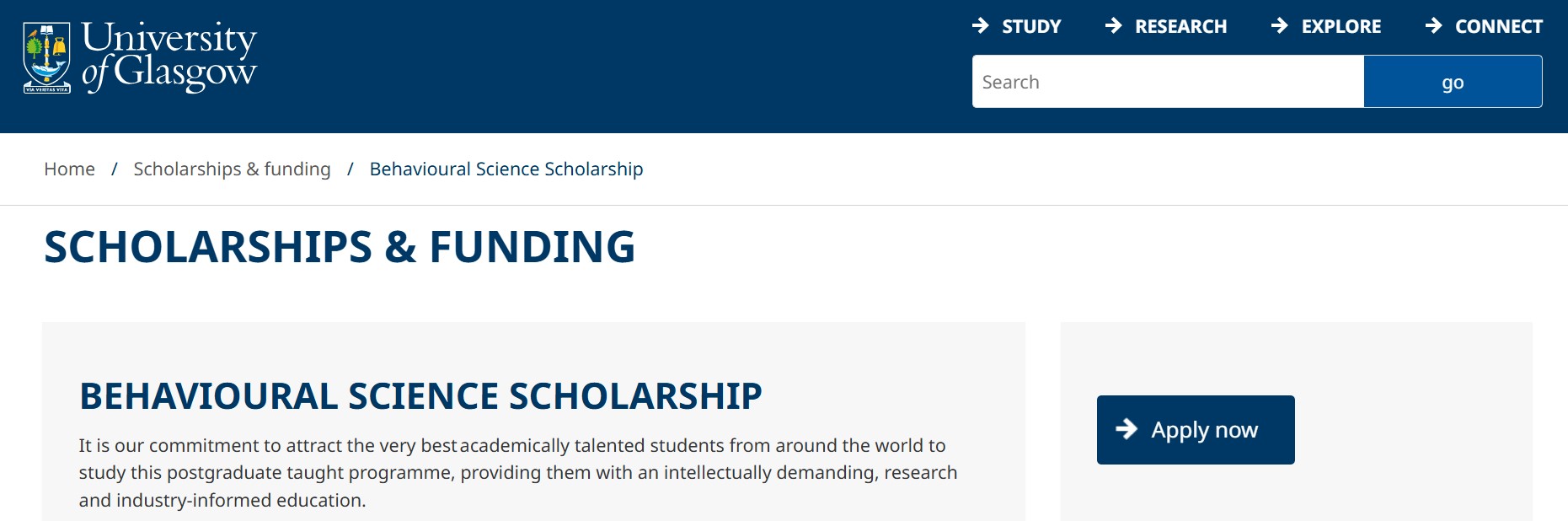 University of Glasgow Behavioural Science Scholarship 2025