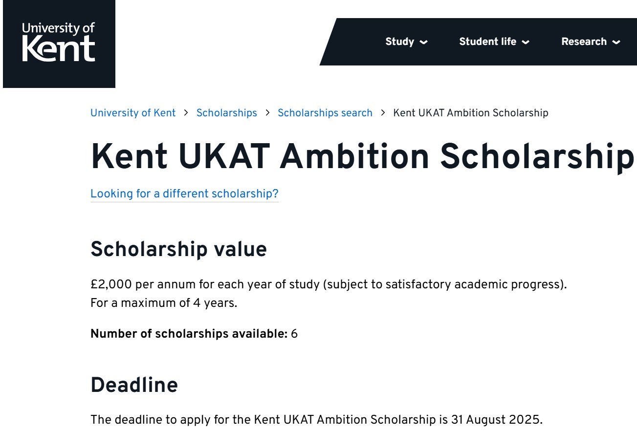 University of Kent UKAT Ambition Scholarship 2025