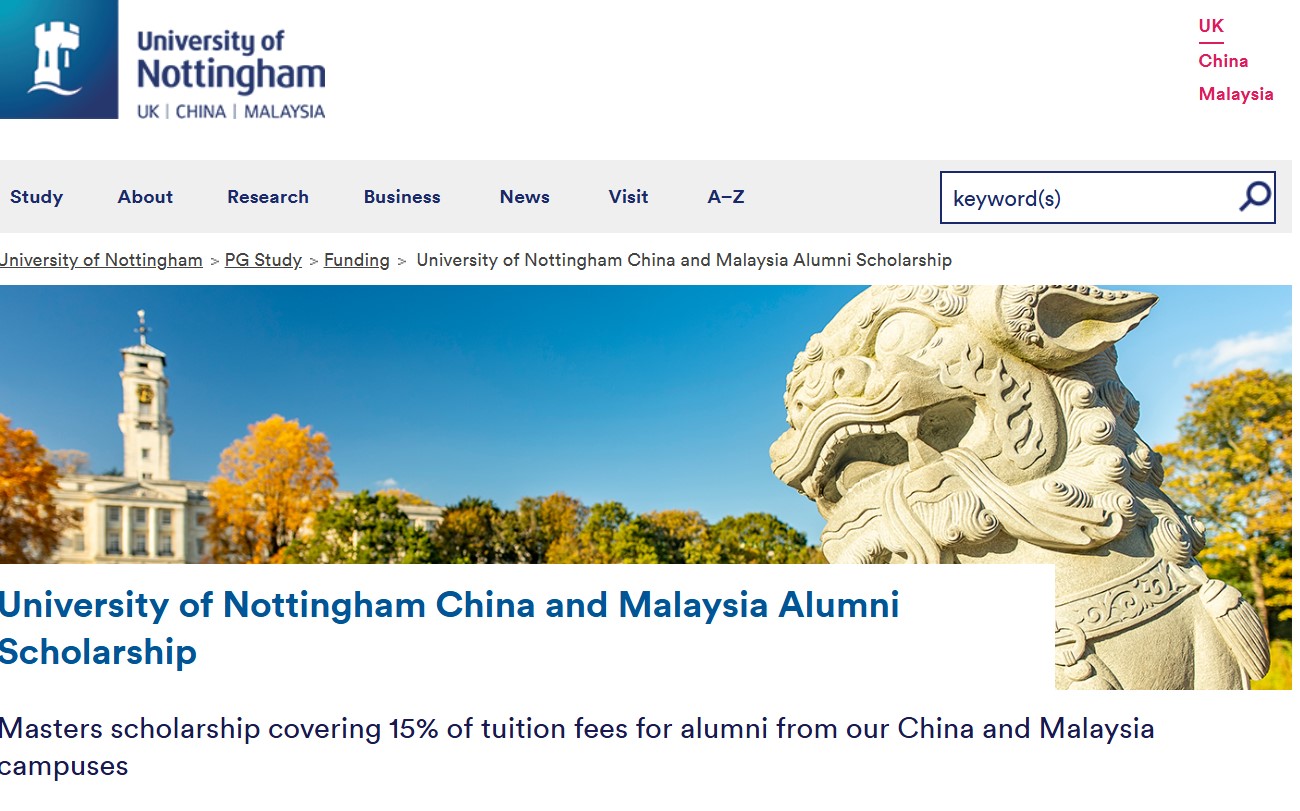 University of Nottingham China and Malaysia Alumni Scholarship 2025