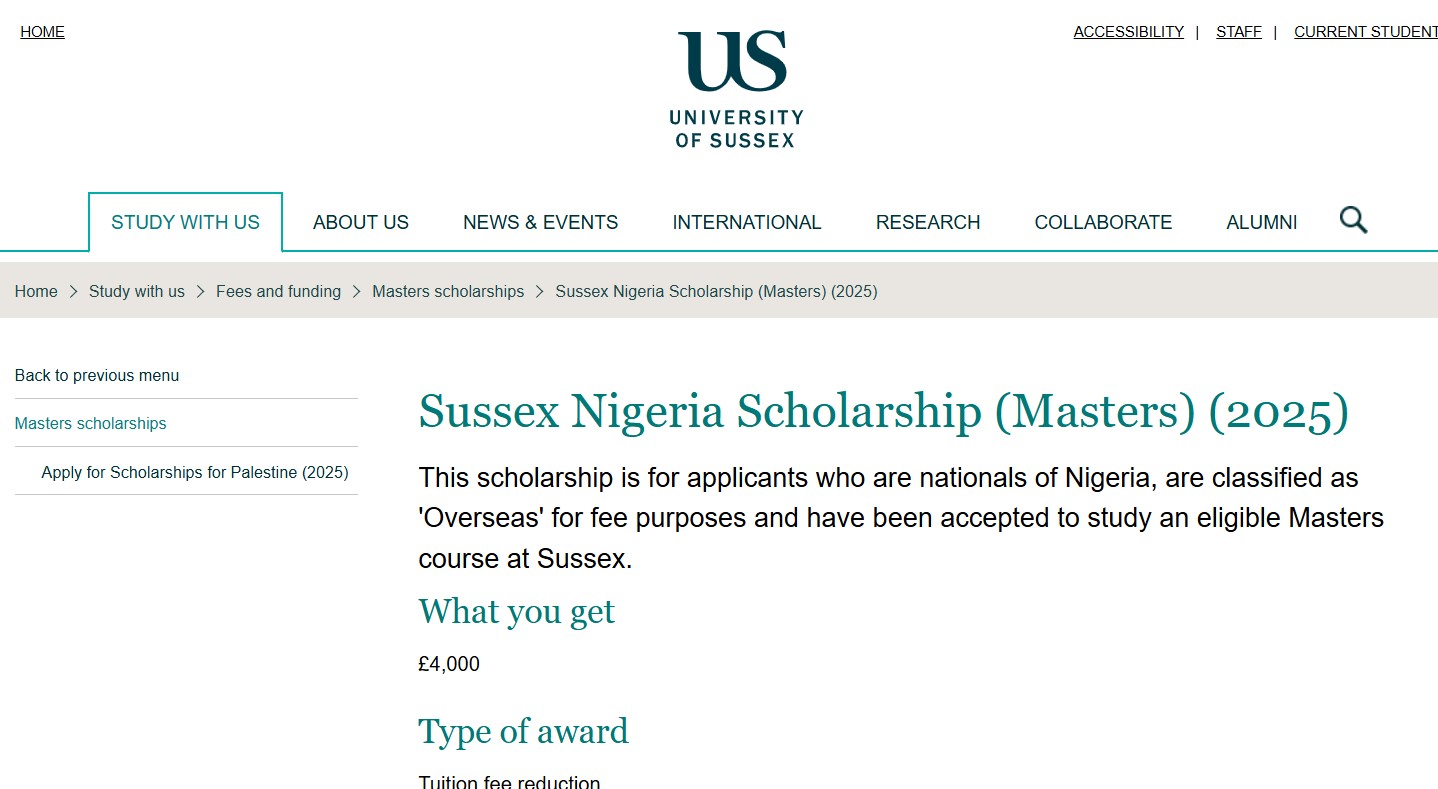 University of Sussex Nigeria Scholarship 2025 for Masters Students
