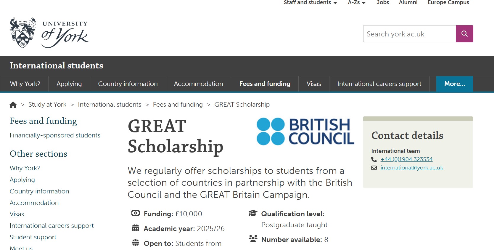 University of York GREAT Scholarship 2025 in UK