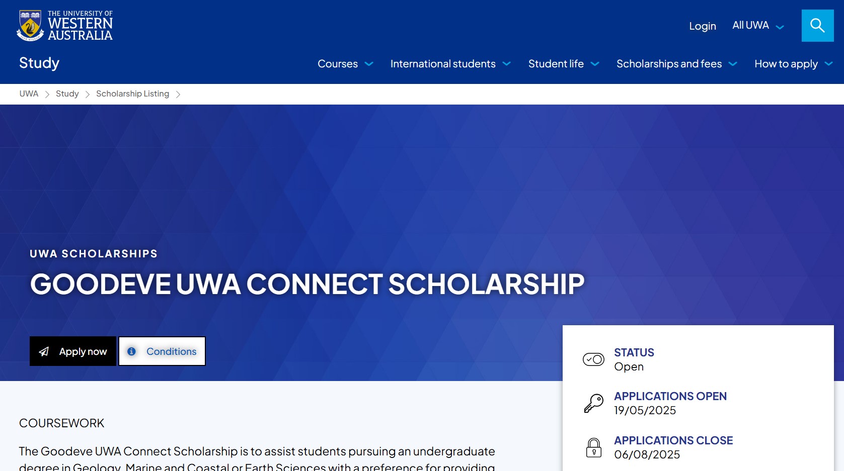 Goodeve UWA Connect Scholarship 2025 for Undergraduate Students